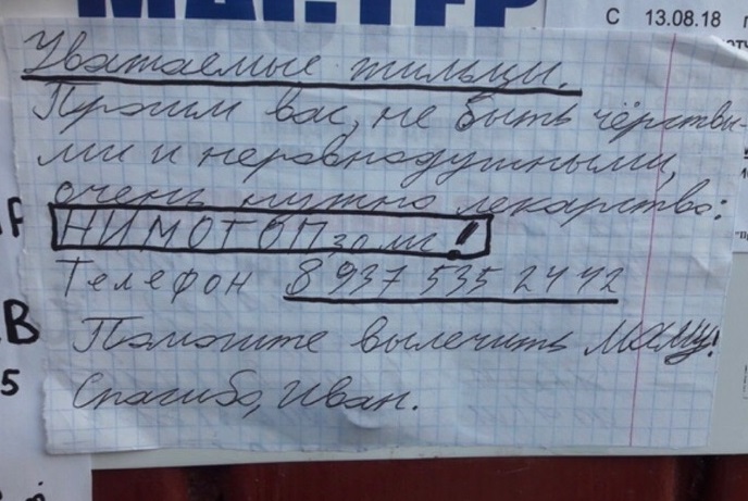В Волгограде шестиклассник от руки написал объявления о том, что его маме срочно нужно дорогостоящее лекарство «Нимотоп», которого нет ни в одной аптеке города