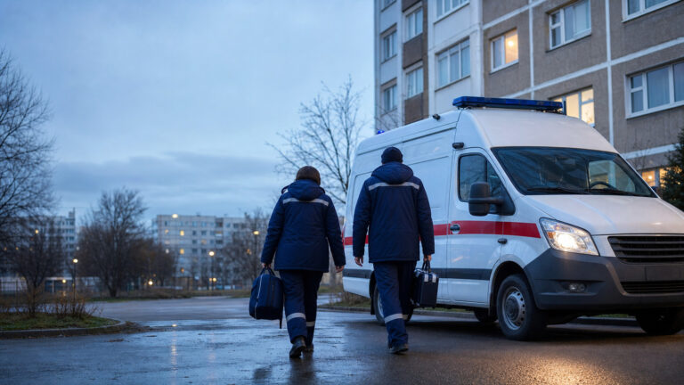 Бригада скорой помощи у автомобиля в жилом квартале — иллюстрация к материалу о безопасности медработников