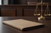 Жительницу Комсомольска-на-Амуре приговорили к 10 годам по делу о новорождённом Папка с материалами дела и весы правосудия в зале суда. Иллюстрация к новости о судебном приговоре.