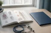 Отчисленный студент-целевик выплатит вузу почти 550 тысяч рублей Иллюстрация: учебники, стетоскоп и папка с документами на столе