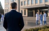 Олег Костин возглавит министерство здравоохранения Тверской области Мужчина в деловом костюме со спины перед зданием, рядом стоят медицинские работники. Иллюстрация к новости о кадровом назначении в здравоохранении.