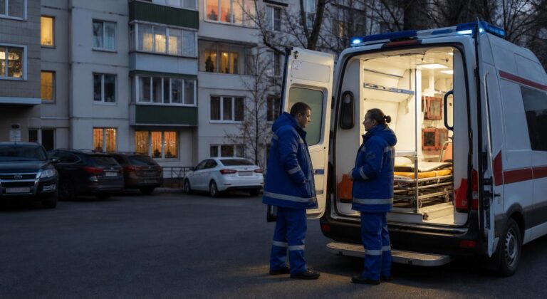 Автомобиль скорой помощи у жилого дома, рядом стоят двое сотрудников бригады. Иллюстрация к новости о безопасности работников скорой помощи.