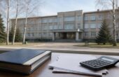 Здание районной больницы, папка с документами и калькулятор на столе. Иллюстрация к новости о деле о незаконных премиях.
