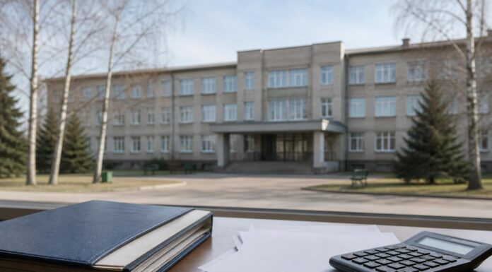 Здание районной больницы, папка с документами и калькулятор на столе. Иллюстрация к новости о деле о незаконных премиях.