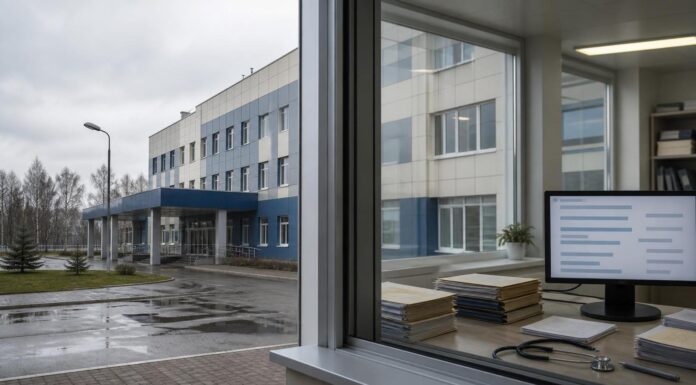 Здание районной больницы и рабочее место с медицинскими документами и стетоскопом. Иллюстрация к новости о ситуации в Великолукской межрайонной больнице.