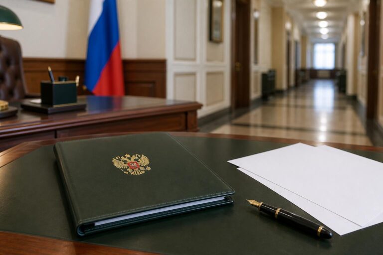 Папка с документами и ручка на рабочем столе в административном учреждении. Иллюстрация к новости о проекте Минздрава по антикоррупционным уведомлениям.