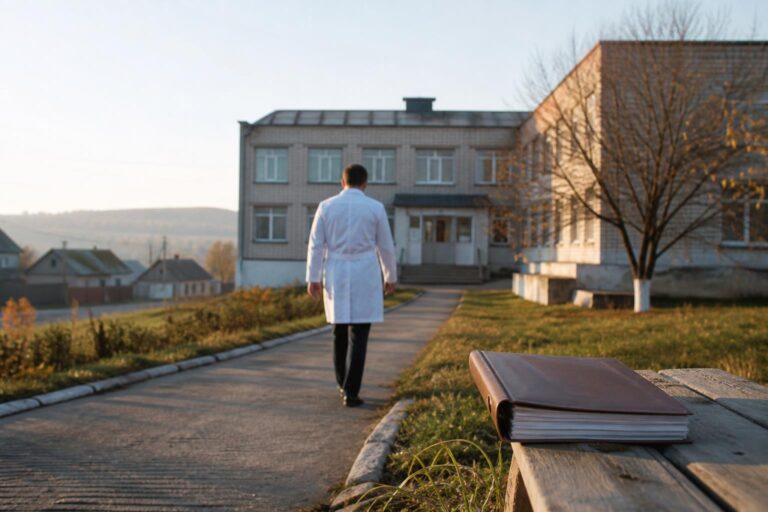 Врач идёт к зданию районной больницы в сельской местности. Иллюстрация к новости о программе «Земский доктор» и судебном решении.