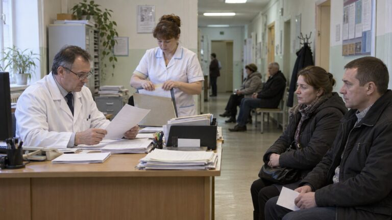 Врач изучает документы в коридоре поликлиники