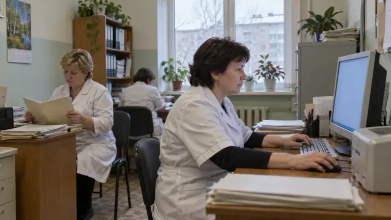 Иллюстрация: сотрудник клиники работает с документами за компьютером