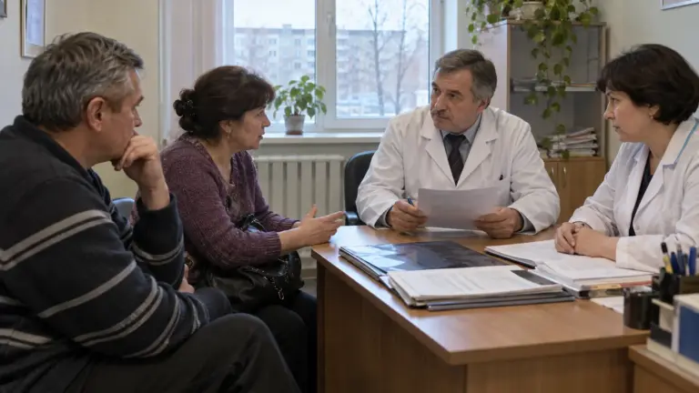 Иллюстрация: консультация пациента с медицинским работником в поликлинике