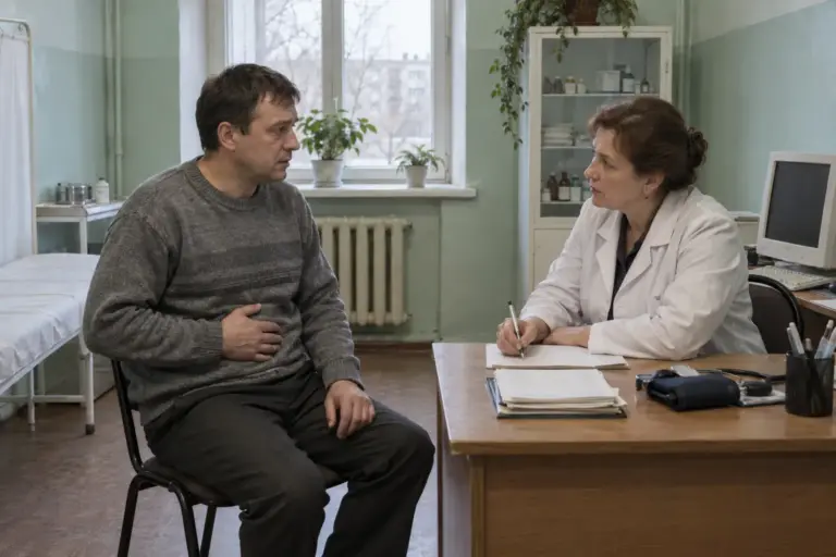 Пожилая пациентка обсуждает документы и оплату медицинских услуг в клинике