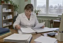 Главная медицинская сестра работает с документами в кабинете больницы