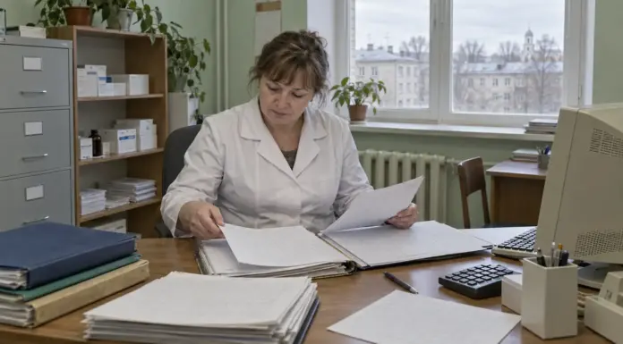 Главная медицинская сестра работает с документами в кабинете больницы