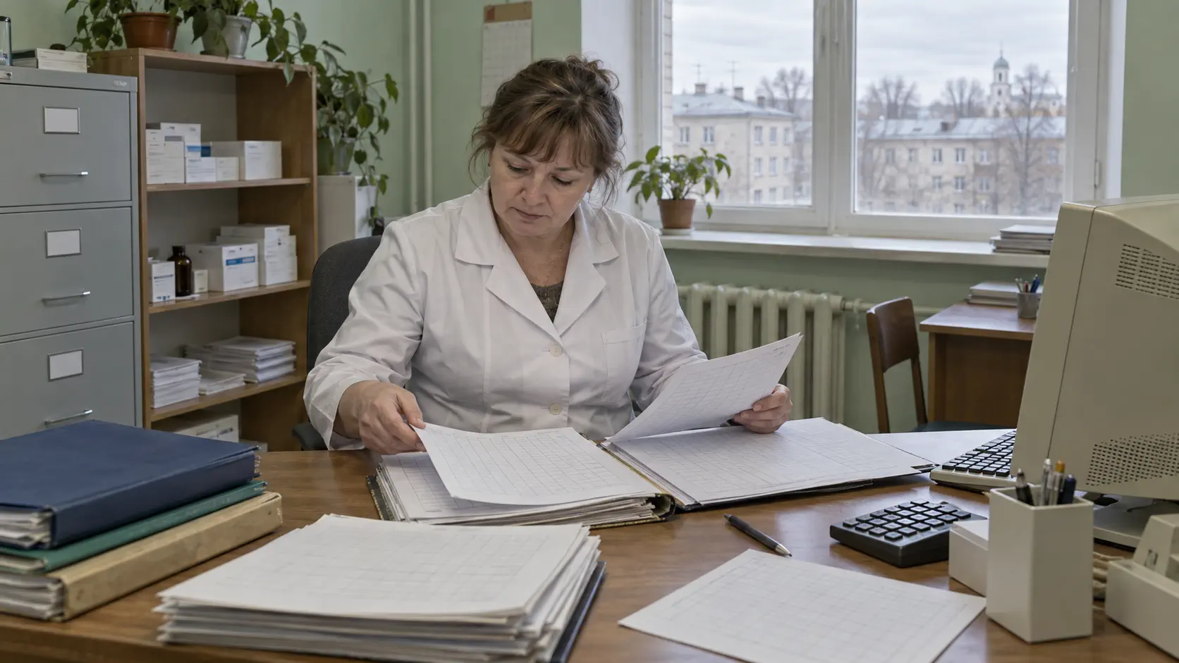 Главная медицинская сестра работает с документами в кабинете больницы