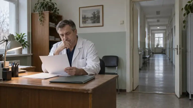 Врач изучает медицинские документы в кабинете районной больницы