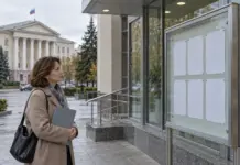 Пациент с папкой у информационного стенда частной клиники на фоне здания суда