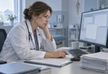Врач за компьютером с электронной медицинской документацией и бумажными формами