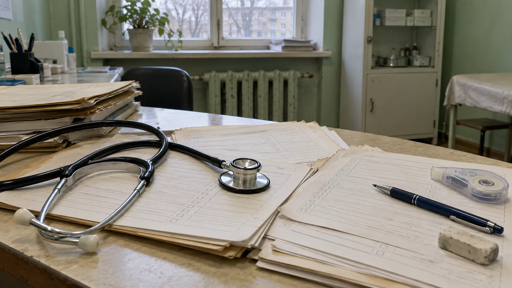Медицинская документация и стетоскоп на столе в кабинете клиники