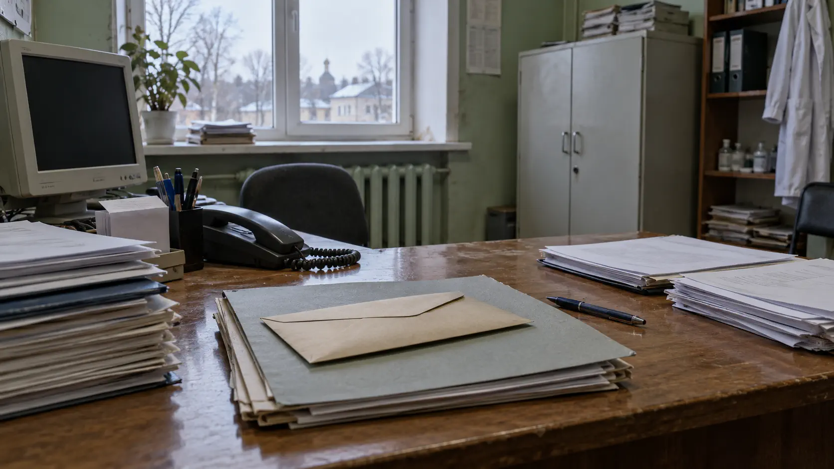 Документы и конверт на столе в кабинете медицинского учреждения - редакционная иллюстрация к новости о деле о взятке