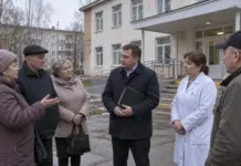 Жители и депутат обсуждают доступность медицинской помощи у здания поликлиники