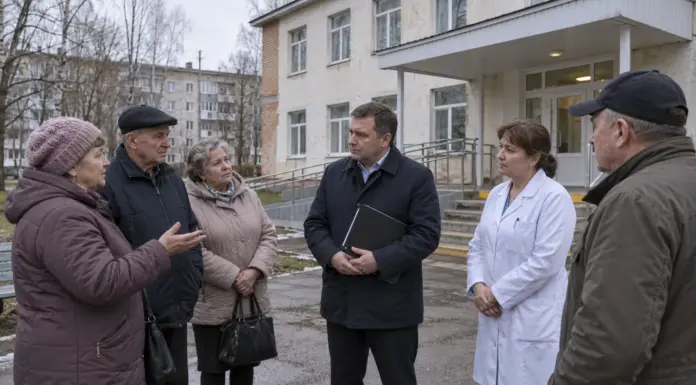 Жители и депутат обсуждают доступность медицинской помощи у здания поликлиники