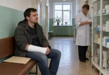 Пациент ожидает помощи в коридоре медицинской организации после контрольного рентгена