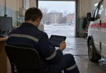 Фельдшер скорой помощи изучает электрокардиограмму на планшете в иллюстрации
