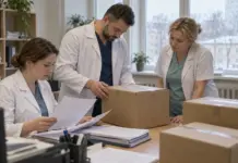 Медицинские работники изучают документы о закупках в больнице