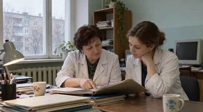 Врач-наставник обсуждает работу с молодым врачом в медицинской организации