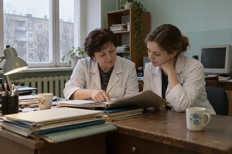 Врач-наставник обсуждает работу с молодым врачом в медицинской организации