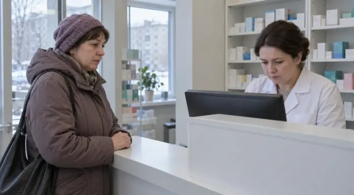 Женщина ожидает выдачу назначенного лекарства в аптеке регионального города
