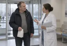 Пациент получает лекарства и рекомендации медицинского работника при выписке из стационара