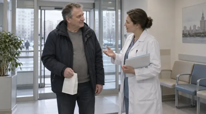 Пациент получает лекарства и рекомендации медицинского работника при выписке из стационара