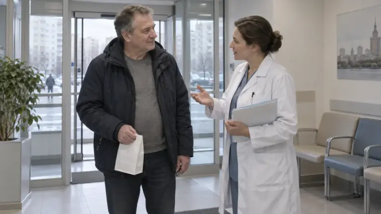 Пациент получает лекарства и рекомендации медицинского работника при выписке из стационара