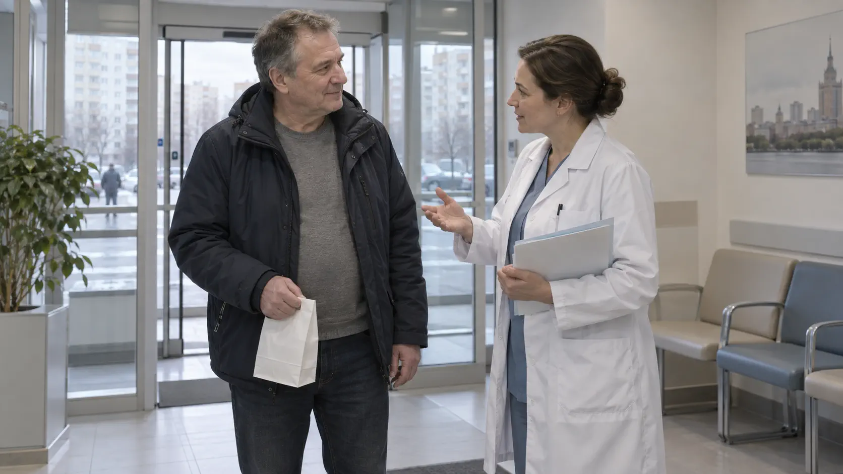 Пациент получает лекарства и рекомендации медицинского работника при выписке из стационара