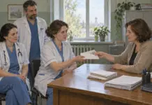 Медработники в кабинете больницы обсуждают документы