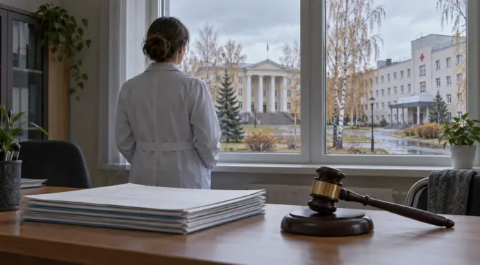 Судебные документы и медицинская карта на фоне здания больницы