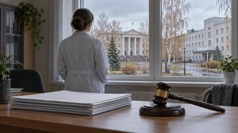 Судебные документы и медицинская карта на фоне здания больницы