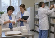 Медицинские работники проверяют упаковки лекарств в помещении регионального онкологического учреждения