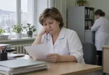 Медработник в кабинете поликлиники изучает расчетные документы