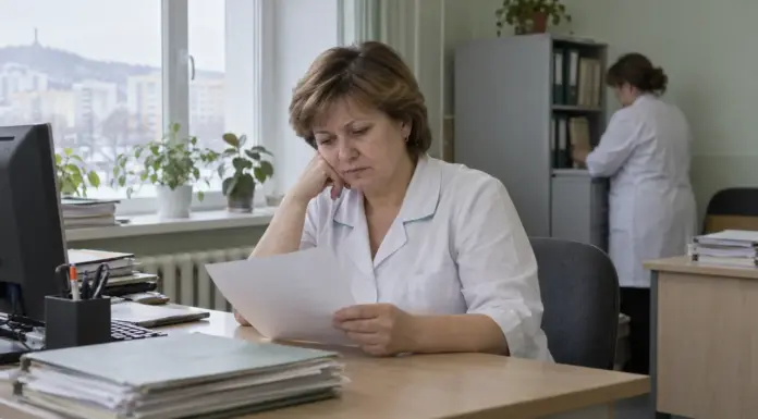 Медработник в кабинете поликлиники изучает расчетные документы