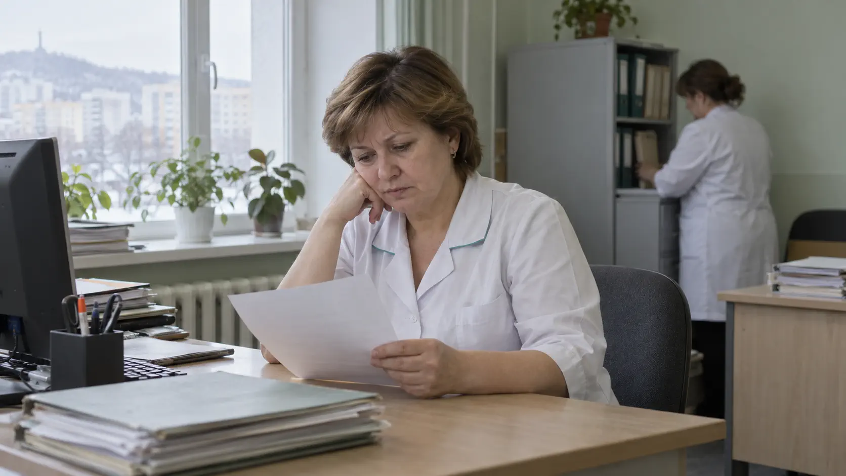 Медработник в кабинете поликлиники изучает расчетные документы