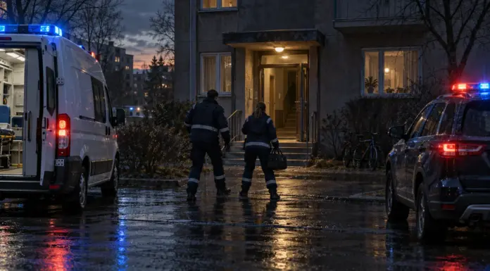 Ассоциативная иллюстрация: бригада скорой помощи и полиция у жилого дома