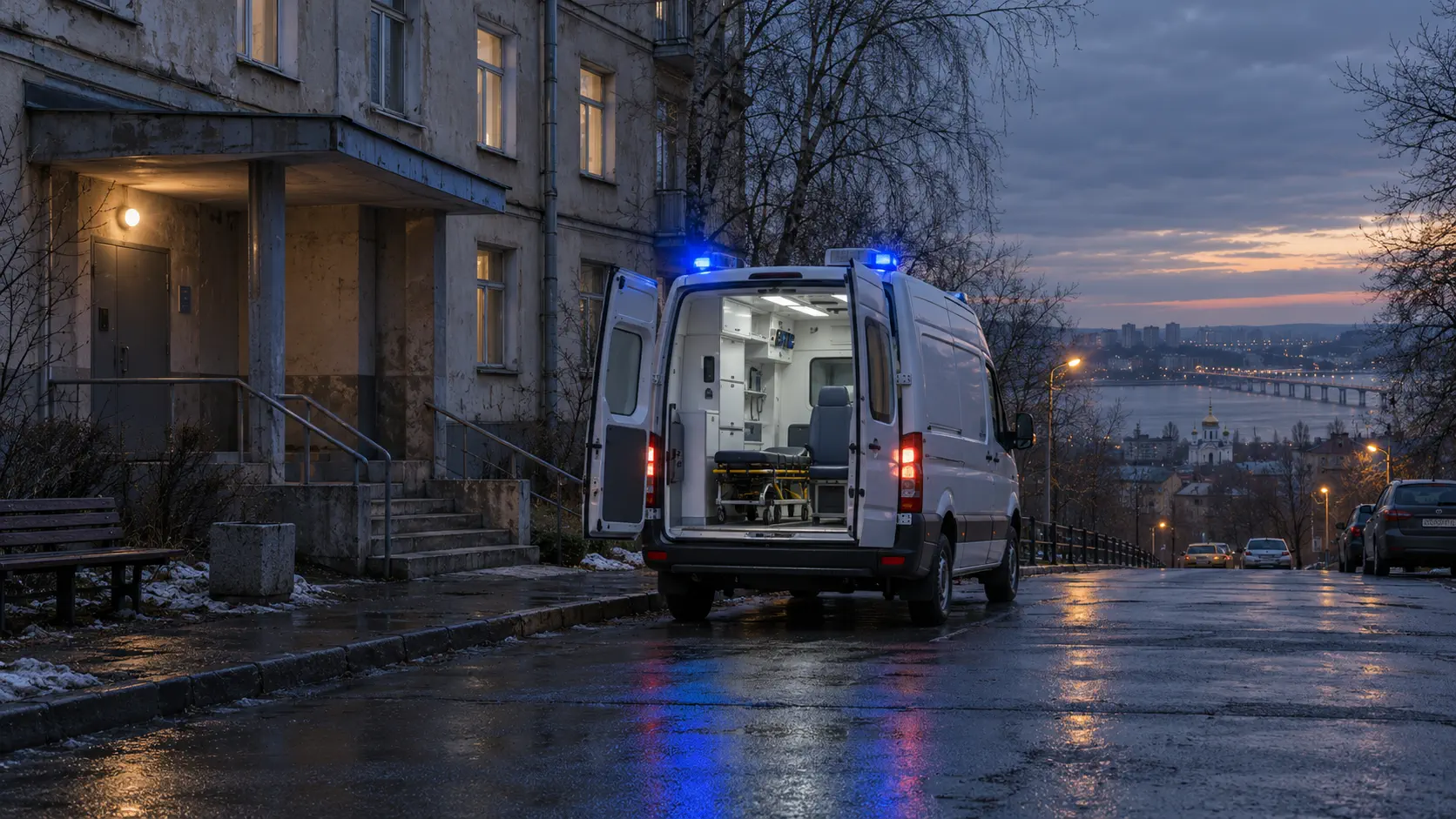 Автомобиль скорой помощи у медицинского учреждения