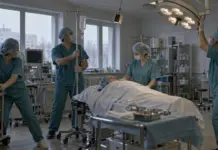Медицинская команда работает в операционной во время землетрясения