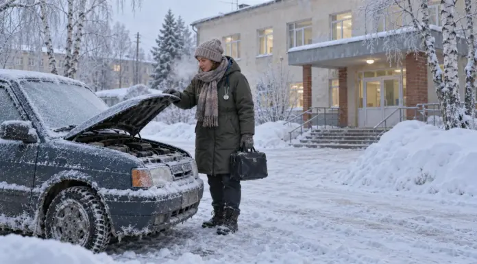 Педиатр у автомобиля возле клиники в зимний день