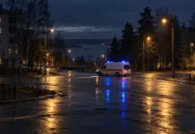 Ночная улица с автомобилем скорой помощи и проблесковыми маячками