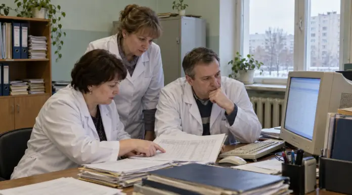 Медработники обсуждают платежный реестр в кабинете региональной больницы