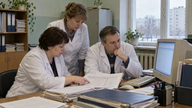 Медработники обсуждают платежный реестр в кабинете региональной больницы