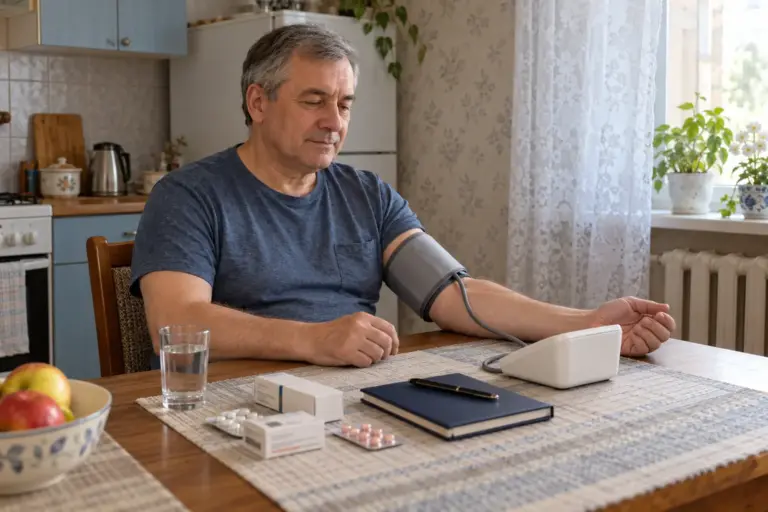 Пациент измеряет артериальное давление дома